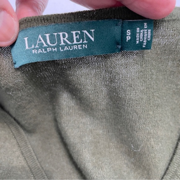 Lauren Ralph Lauren Olive Green V-Neck Sweater, Gold Button Cuff Detail Size SP - Picture 9 of 13